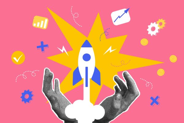 Rocket ship blasting off, surrounded by analytics symbols