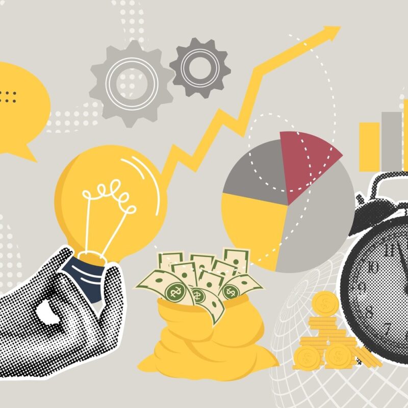 Hand holding a lightbulb in front of a rising bar graph, bag of money and a clock.