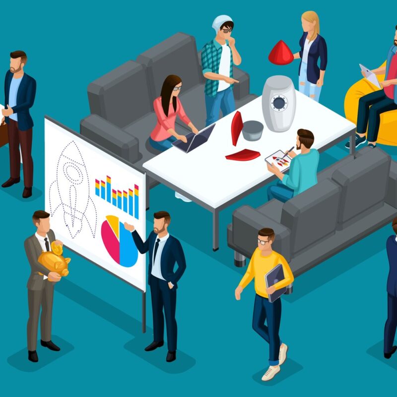 Illustrated people working around an office